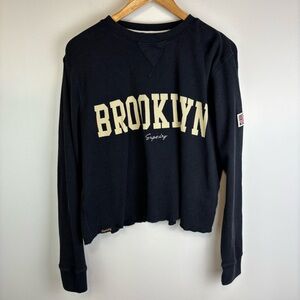 Superdry Navy Long Sleeve Waffle Shirt Slightly Cropped Vintage Design